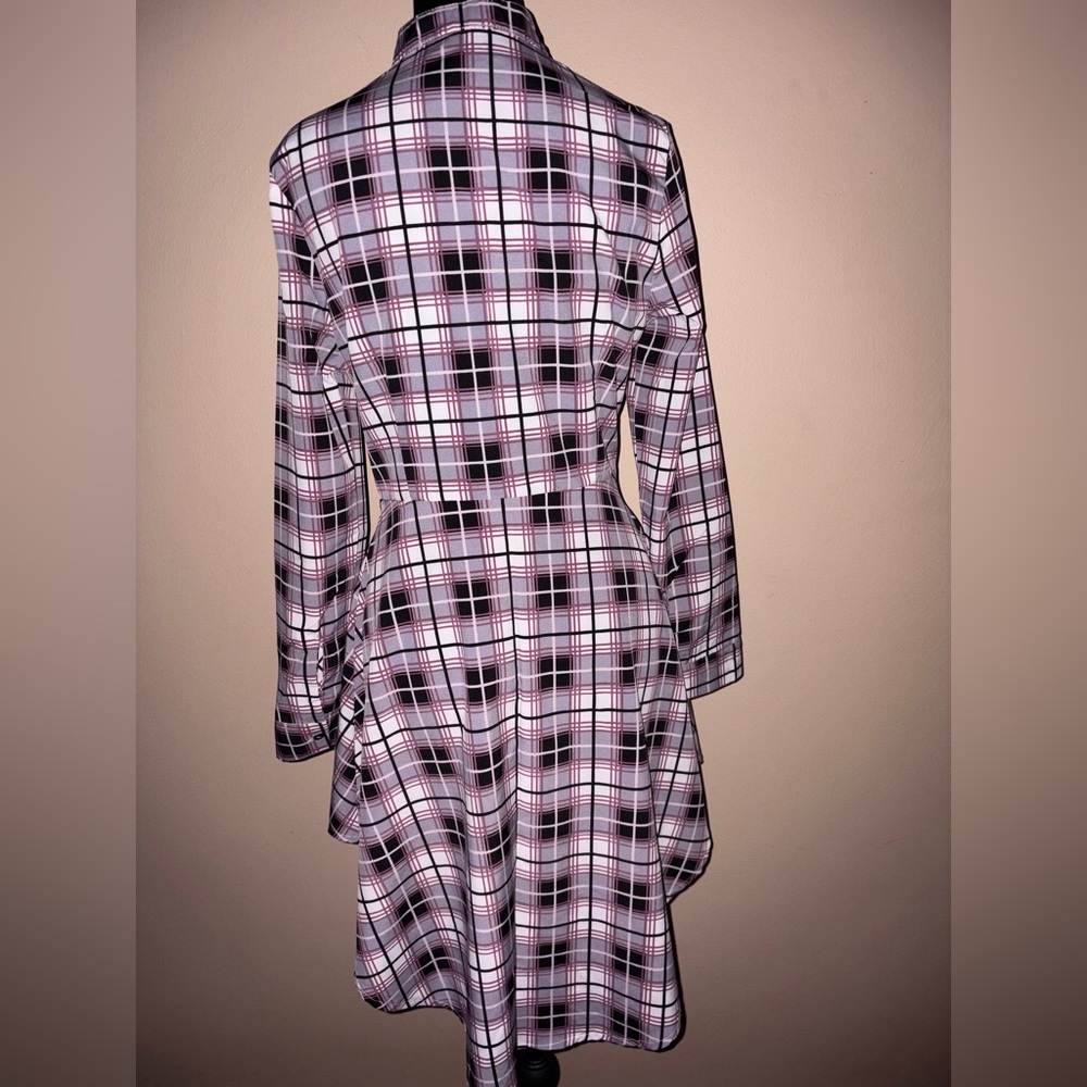 Purple Plaid High Low Button down Long Sleeve Shirt Dress - Picture 4 of 6